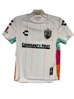 Charly Youth San Antonio FC Soccer Away Jersey White Striped Short Sleeve M 8/9